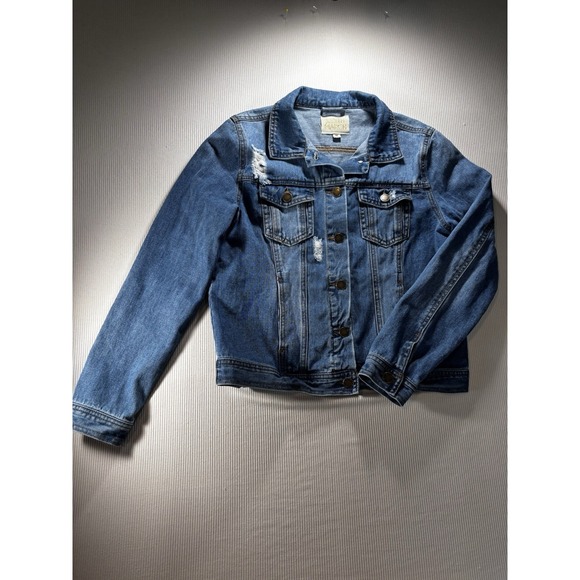 Judith March Distressed Jean Jacket Rhinestone Gypsy W/ Embroidered Stars Boho M - Picture 8 of 16